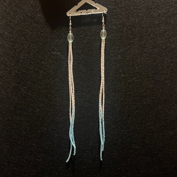 Handmade Native American Beaded Dangle Earrings – White & Light Blue Waterfall D - Picture 1 of 4